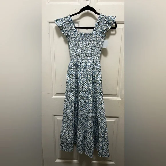 Hill House The Ellie Nap Dress Basketweave Vine Floral Blue Dress Size XS